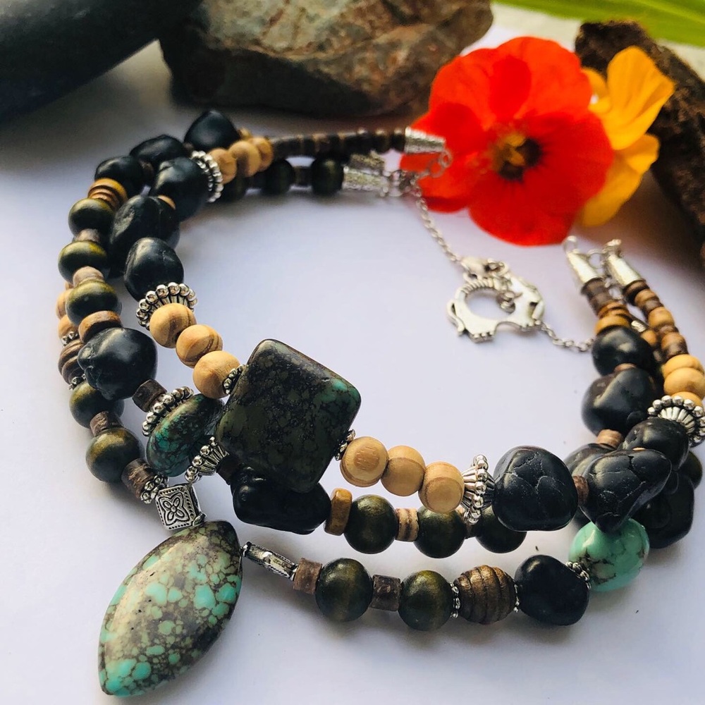 Handmade Green Turquoise 3 Ring  Choker